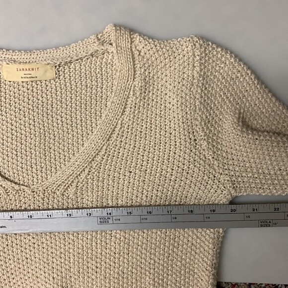 Zara Oatmeal Beige Shaker Knit Oversized V-neck 3/4 Sleeve Tunic Sweater Size M - Picture 7 of 8